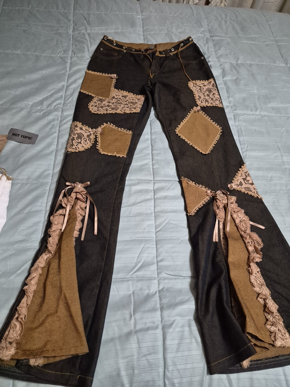 Women’s Black Jeans with Brown Patchwork & Lace Detail